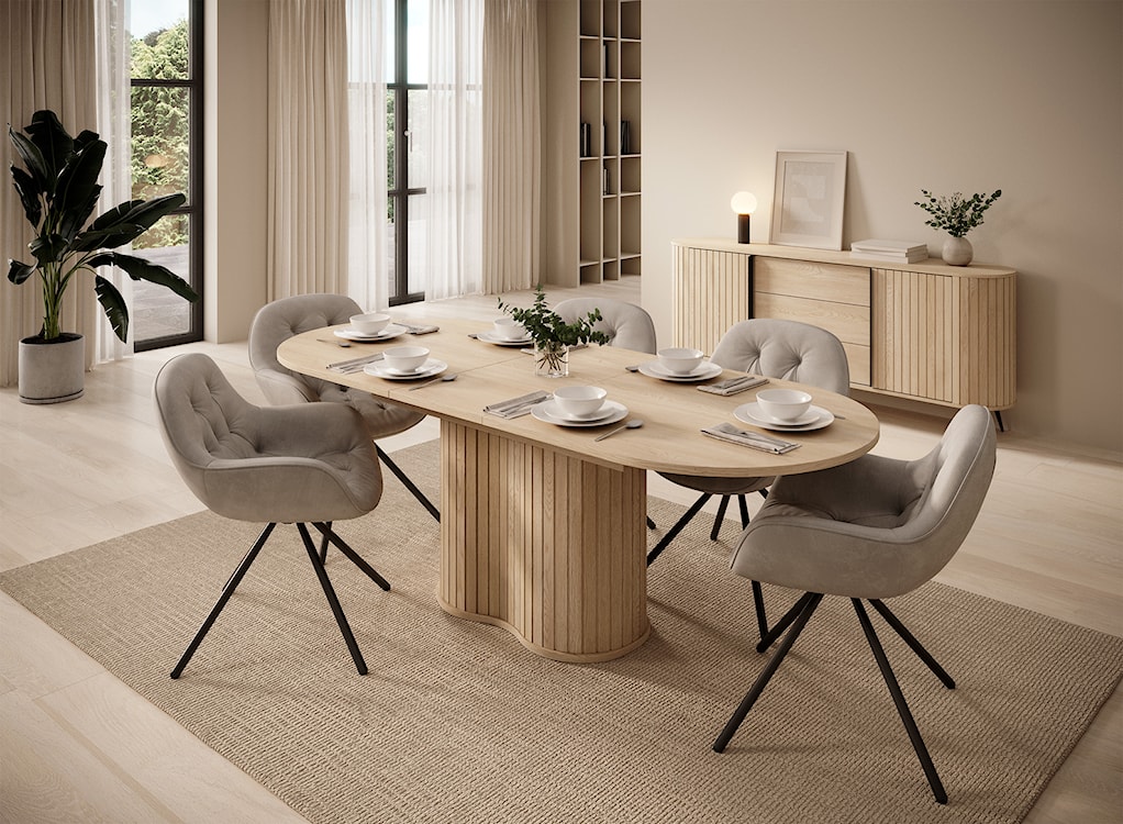 Komoda dwudrzwiowa Lovi z trzema szufladami i ryflowaniem przesuwna 196 cm dąb cremona  - zdjęcie 6