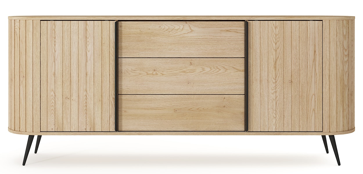 Komoda dwudrzwiowa Lovi z trzema szufladami i ryflowaniem przesuwna 196 cm dąb cremona  - zdjęcie 7