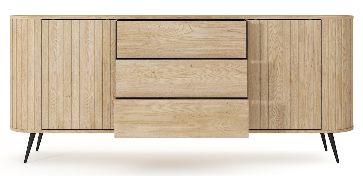 Komoda dwudrzwiowa Lovi z trzema szufladami i ryflowaniem przesuwna 196 cm dąb cremona  - zdjęcie 8