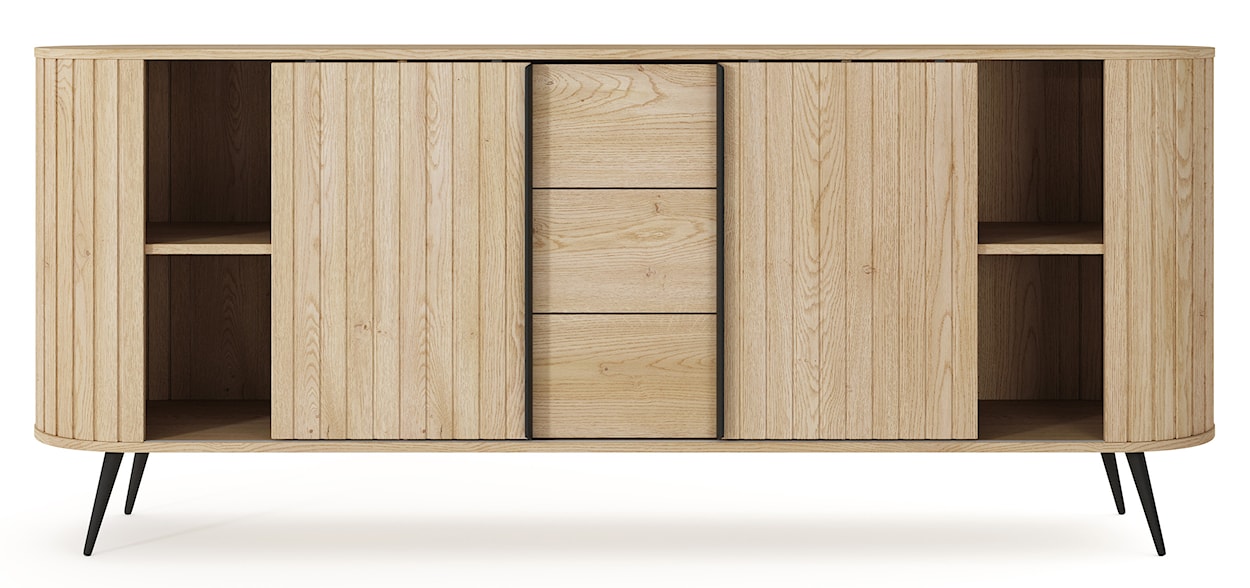 Komoda dwudrzwiowa Lovi z trzema szufladami i ryflowaniem przesuwna 196 cm dąb cremona  - zdjęcie 9