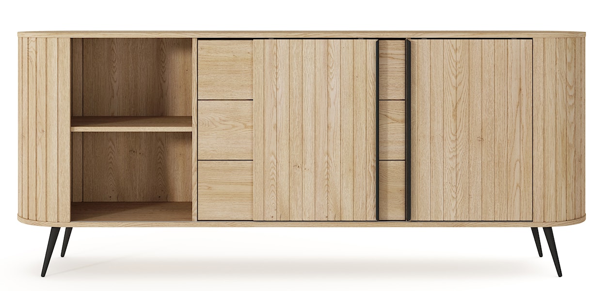 Komoda dwudrzwiowa Lovi z trzema szufladami i ryflowaniem przesuwna 196 cm dąb cremona  - zdjęcie 10