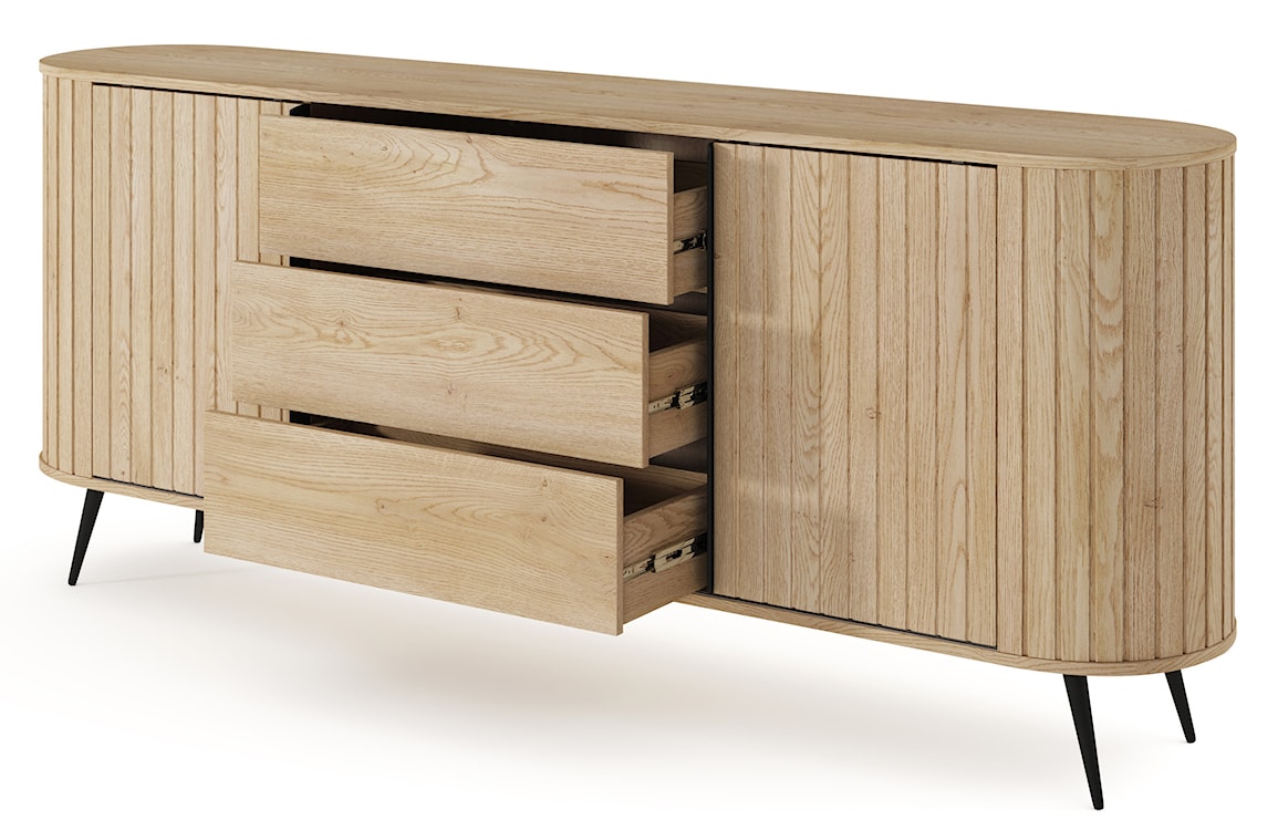 Komoda dwudrzwiowa Lovi z trzema szufladami i ryflowaniem przesuwna 196 cm dąb cremona  - zdjęcie 3