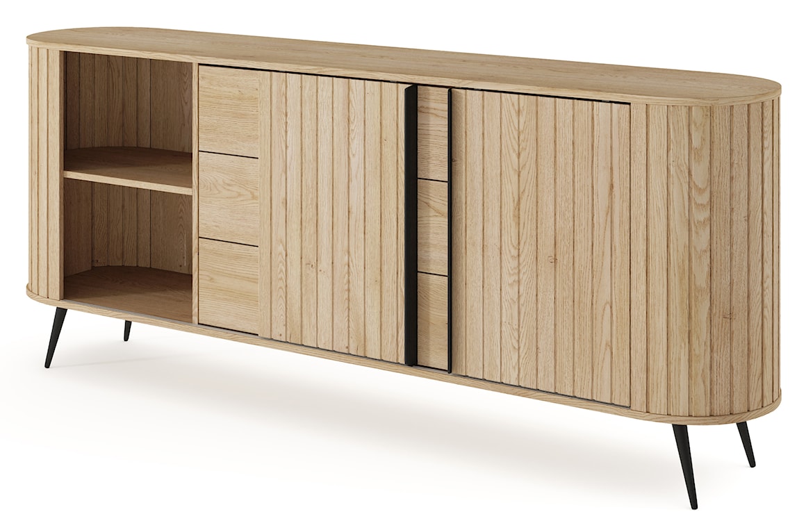 Komoda dwudrzwiowa Lovi z trzema szufladami i ryflowaniem przesuwna 196 cm dąb cremona  - zdjęcie 13