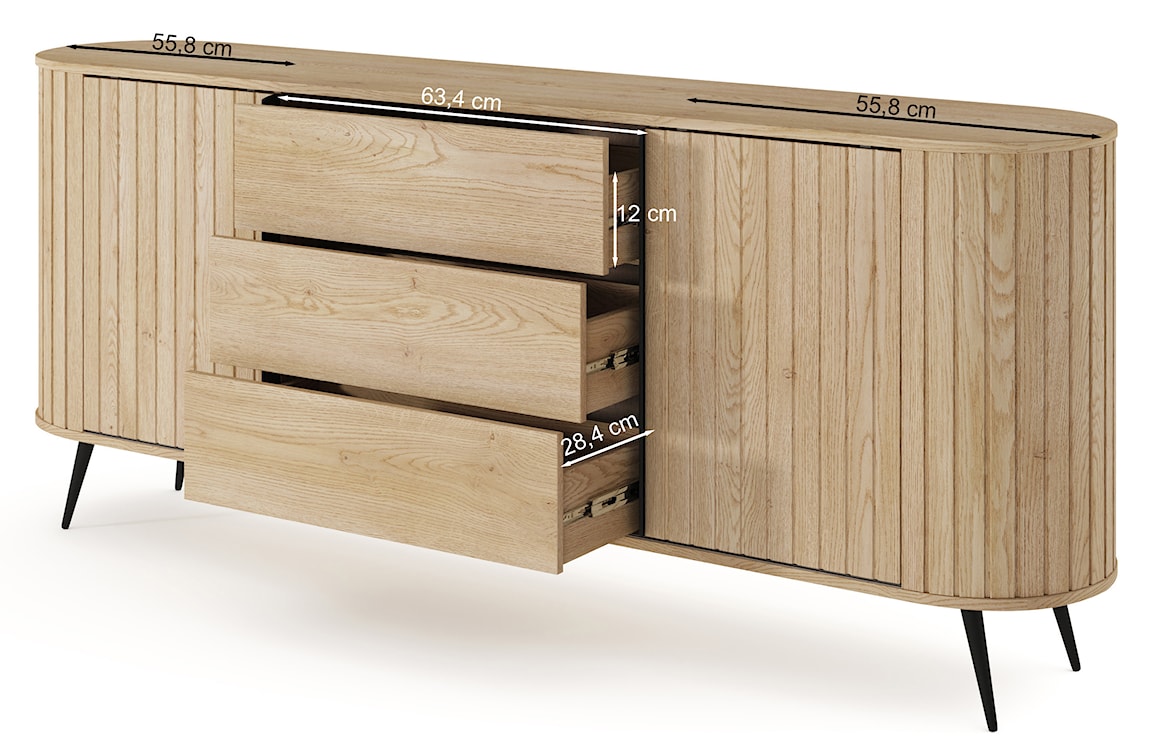 Komoda dwudrzwiowa Lovi z trzema szufladami i ryflowaniem przesuwna 196 cm dąb cremona  - zdjęcie 16