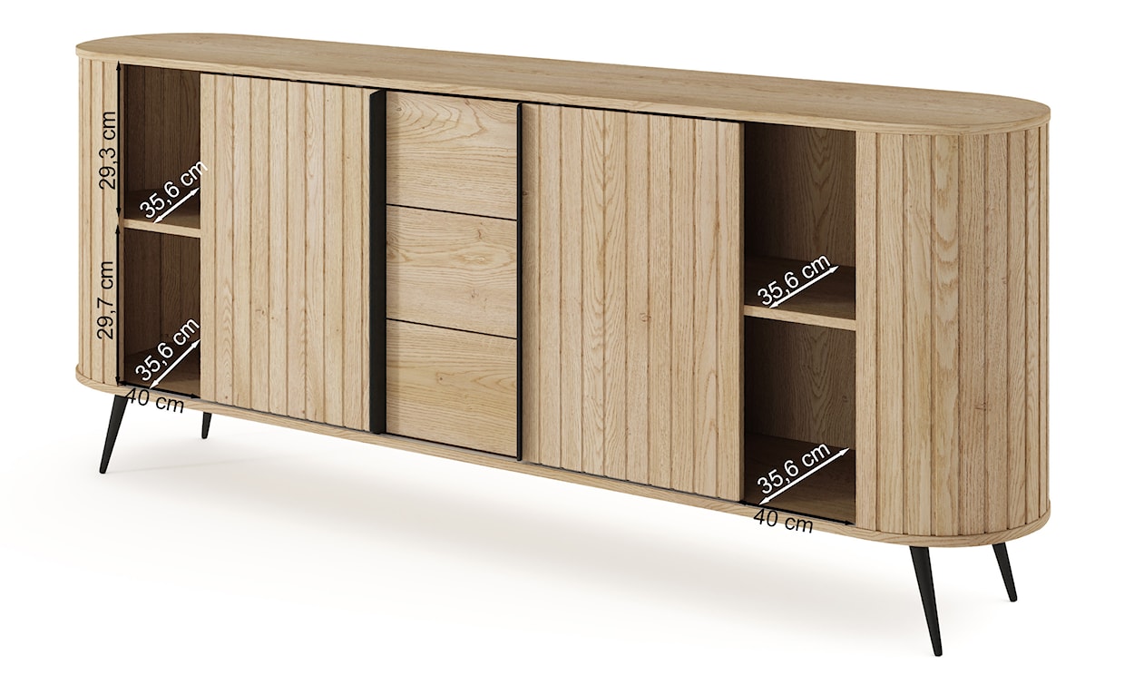 Komoda dwudrzwiowa Lovi z trzema szufladami i ryflowaniem przesuwna 196 cm dąb cremona  - zdjęcie 15