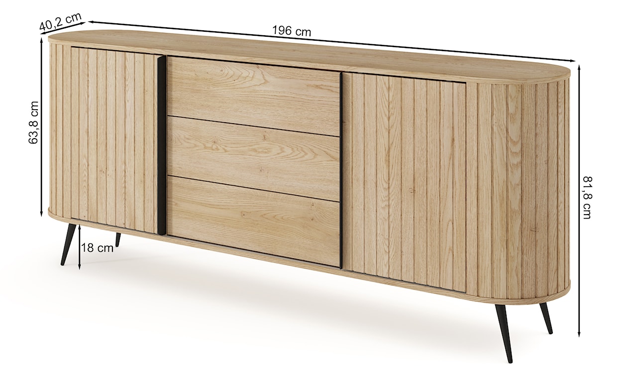 Komoda dwudrzwiowa Lovi z trzema szufladami i ryflowaniem przesuwna 196 cm dąb cremona  - zdjęcie 14