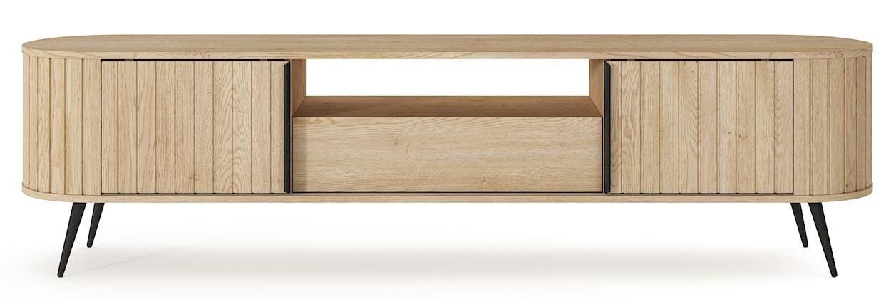 Szafka RTV dwudrzwiowa Lovi z szufladą i ryflowaniem przesuwna 196 cm dąb cremona  - zdjęcie 5