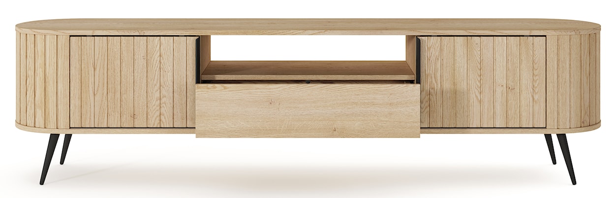 Szafka RTV dwudrzwiowa Lovi z szufladą i ryflowaniem przesuwna 196 cm dąb cremona  - zdjęcie 6