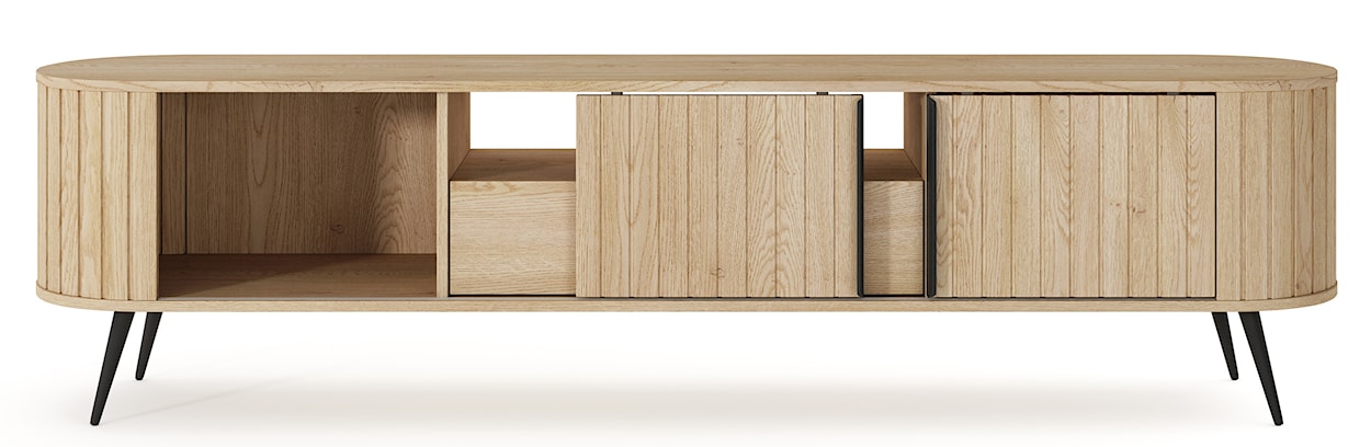 Szafka RTV dwudrzwiowa Lovi z szufladą i ryflowaniem przesuwna 196 cm dąb cremona  - zdjęcie 8