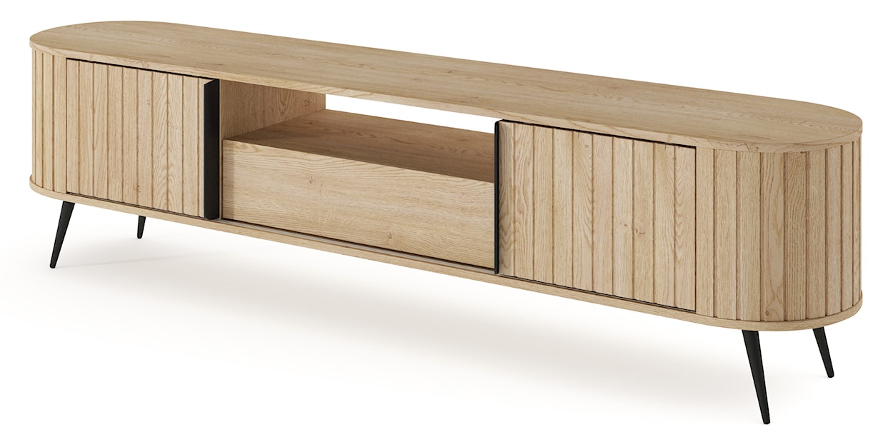 Szafka RTV dwudrzwiowa Lovi z szufladą i ryflowaniem przesuwna 196 cm dąb cremona  - zdjęcie 9