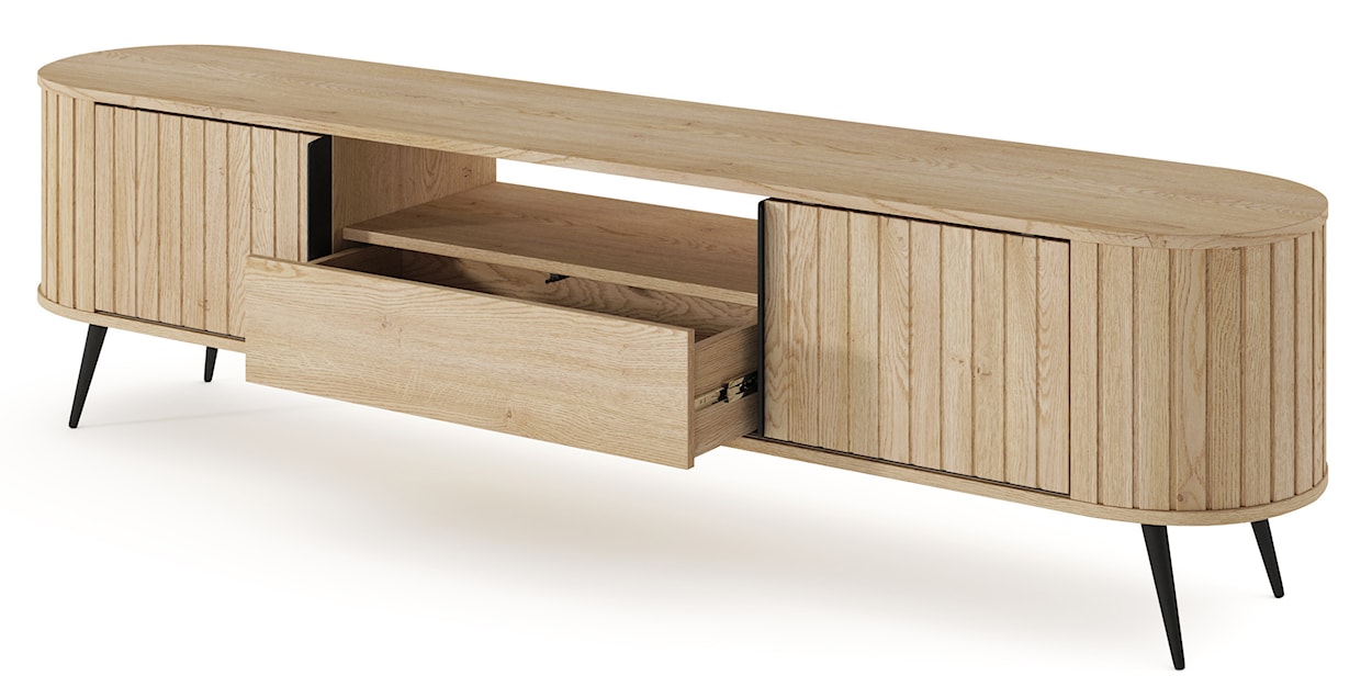 Szafka RTV dwudrzwiowa Lovi z szufladą i ryflowaniem przesuwna 196 cm dąb cremona  - zdjęcie 3