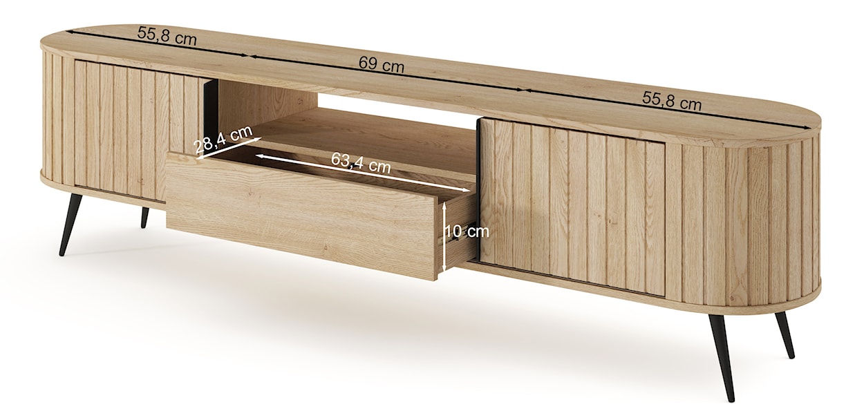 Szafka RTV dwudrzwiowa Lovi z szufladą i ryflowaniem przesuwna 196 cm dąb cremona  - zdjęcie 14