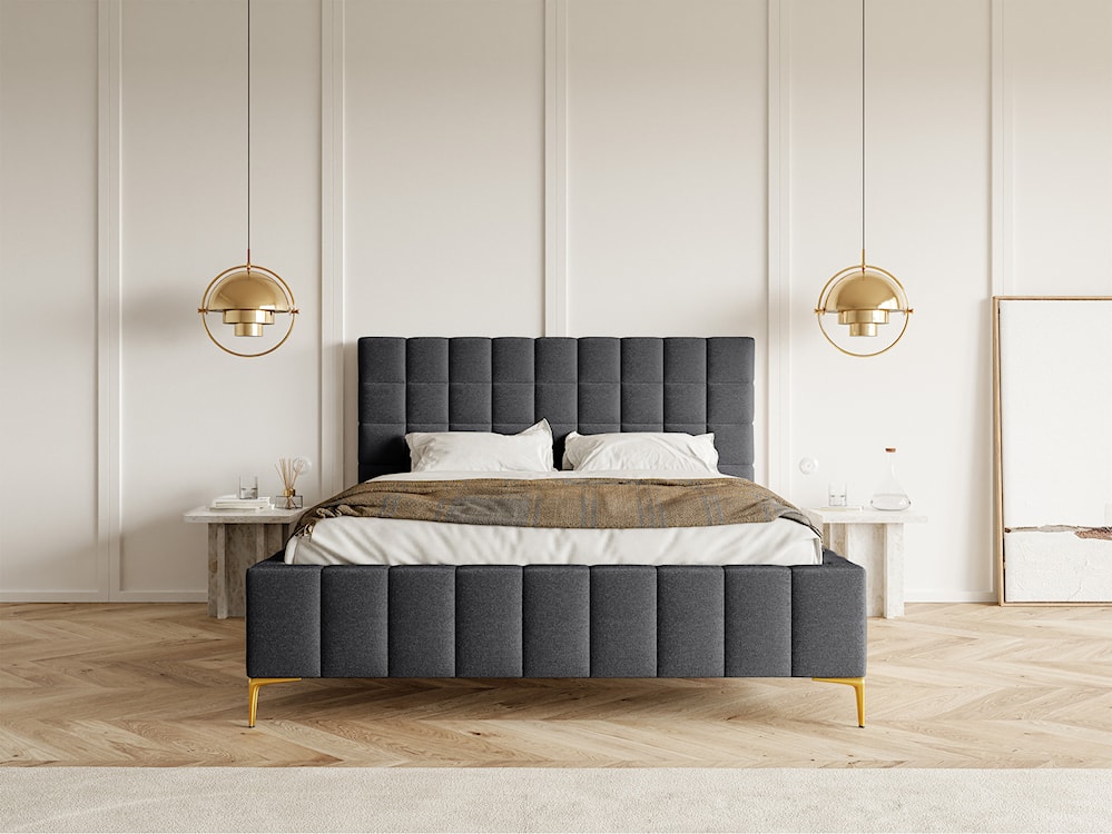 Łóżko tapicerowane 160x200 cm Szejlo z pojemnikiem stelaż metalowy ciemnoszare szenil  - zdjęcie 2