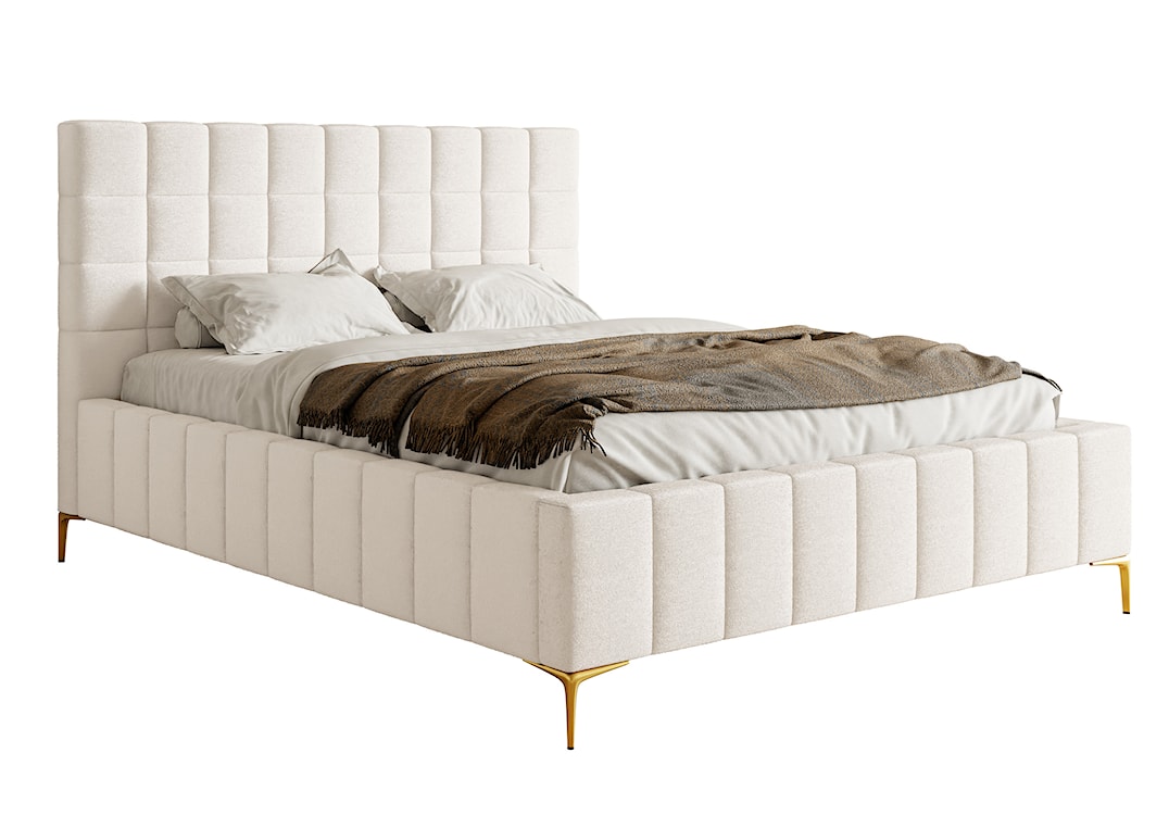 Łóżko tapicerowane 180x200 cm Szejlo z pojemnikiem stelaż metalowy kremowe szenil
