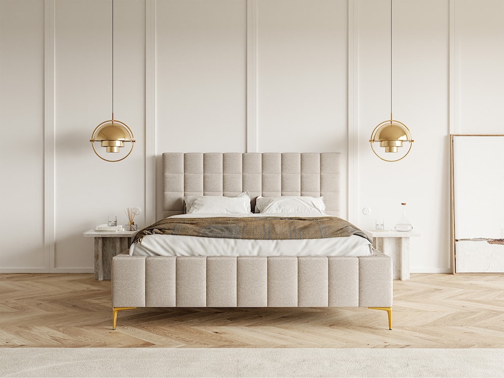 Łóżko tapicerowane 140x200 cm Szejlo z pojemnikiem stelaż metalowy szarobeżowe szenil  - zdjęcie 2