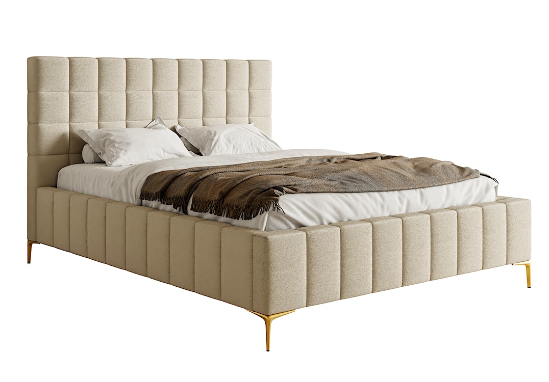 Łóżko tapicerowane 160x200 cm Szejlo z pojemnikiem stelaż metalowy beżowe szenil 