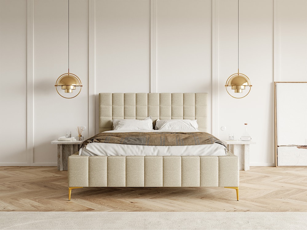 Łóżko tapicerowane 160x200 cm Szejlo z pojemnikiem stelaż metalowy beżowe szenil  - zdjęcie 2