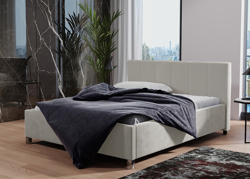 Łóżko tapicerowane z pojemnikiem Caseya kremowe 180/200 cm w tkaninie hydrofobowej welur nogi srebrne  - zdjęcie 2