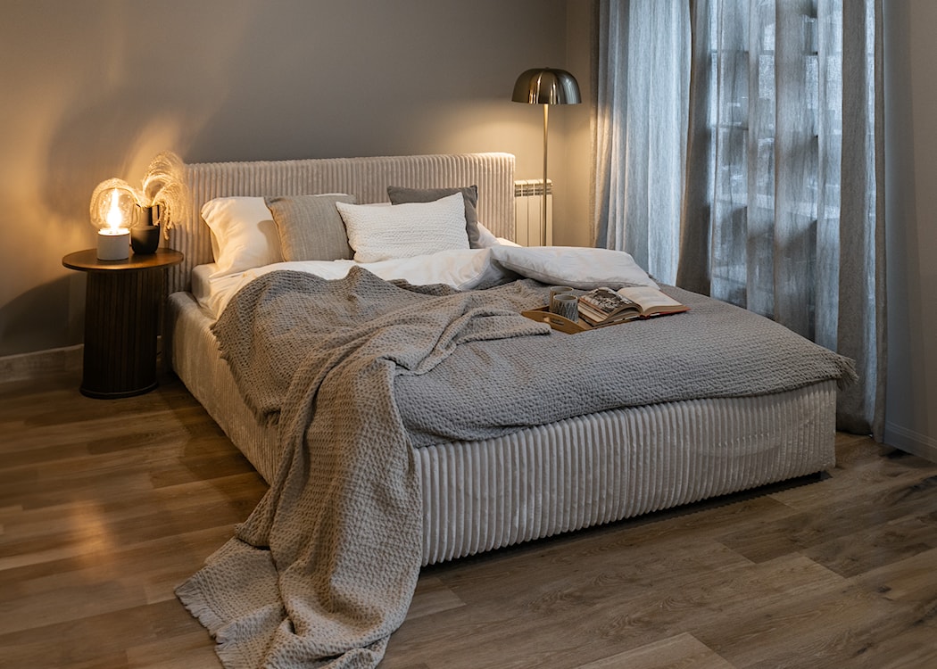 Łóżko tapicerowane 160x200 cm Tilio z pojemnikiem stelaż metalowy kremowe gruby sztruks  - zdjęcie 6