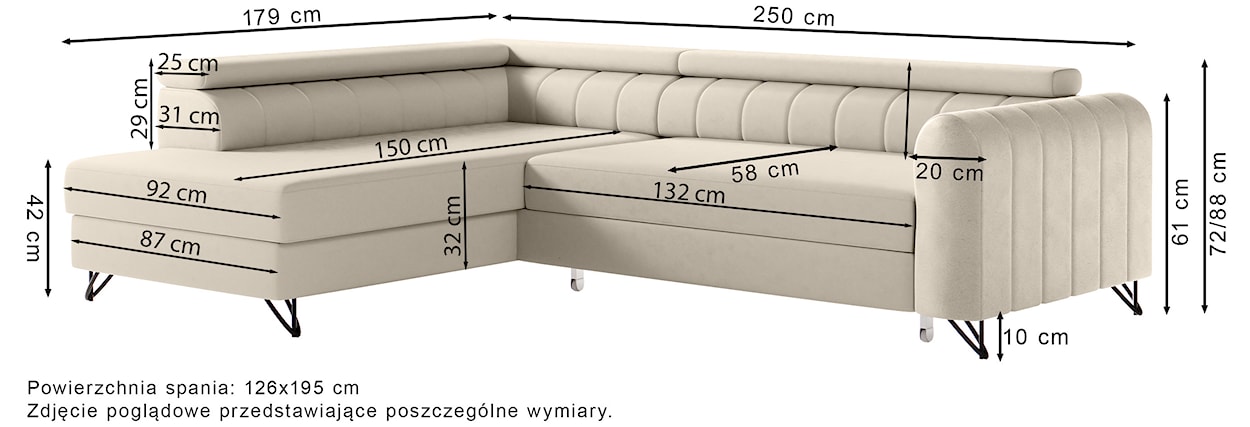 Narożnik z funkcją spania Luktio L-kształtny lewostronny z pojemnikiem beżowy welur hydrofobowy łatwoczyszczący  - zdjęcie 9