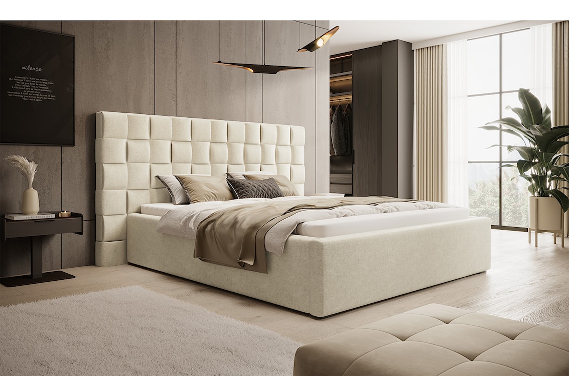 Łóżko tapicerowane 180x200 cm Keitum z pojemnikiem plecionka kremowe  - zdjęcie 2