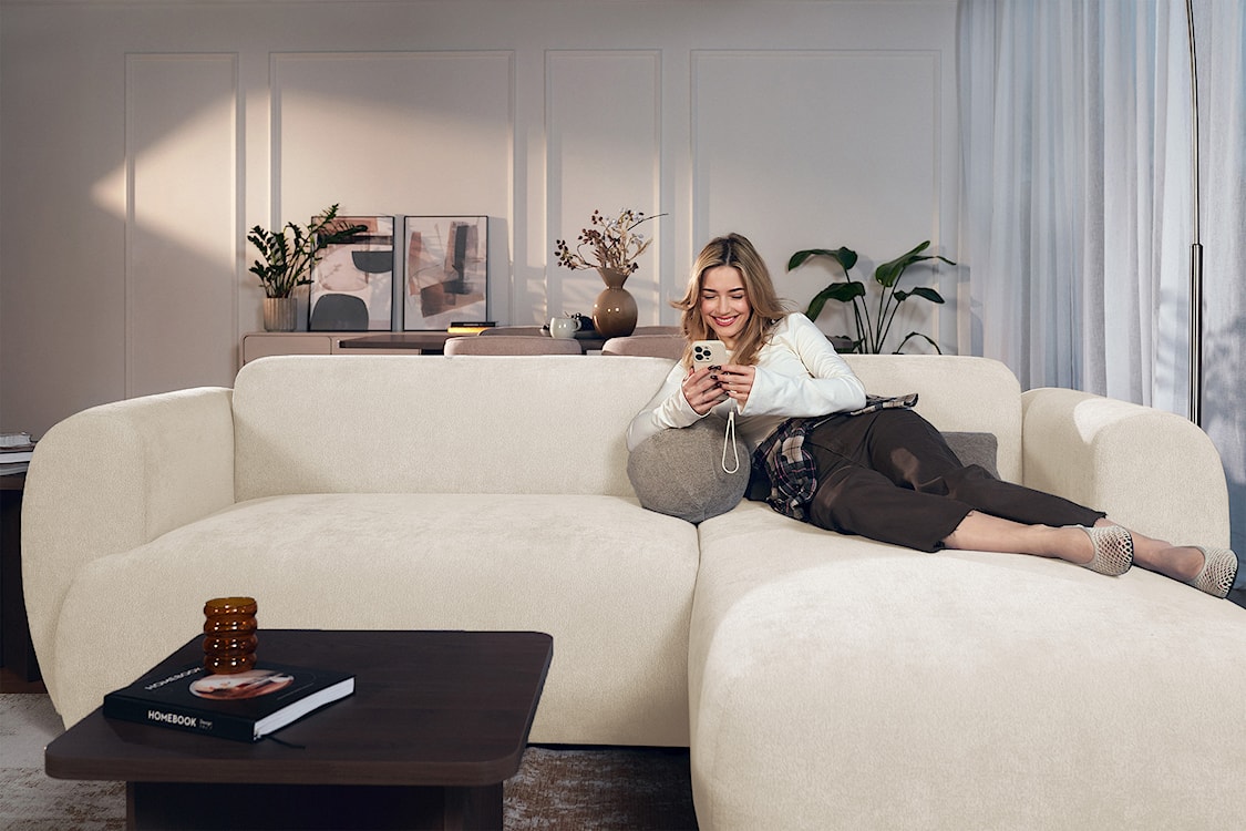 Narożnik z funkcją spania Emia L-kształtny prawostronny jasnobeżowy szenil  - zdjęcie 5