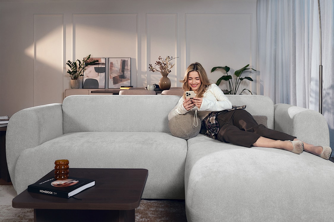 Narożnik z funkcją spania Emia L-kształtny prawostronny jasnoszary szenil  - zdjęcie 5