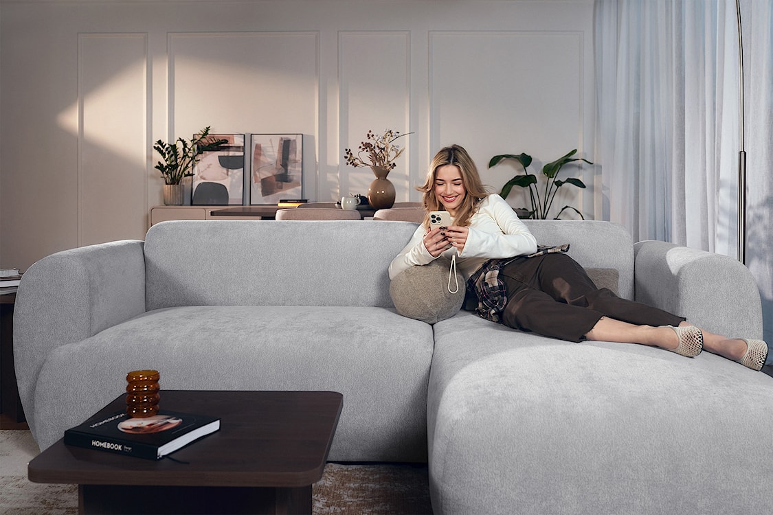 Narożnik z funkcją spania Emia L-kształtny prawostronny szary szenil  - zdjęcie 5