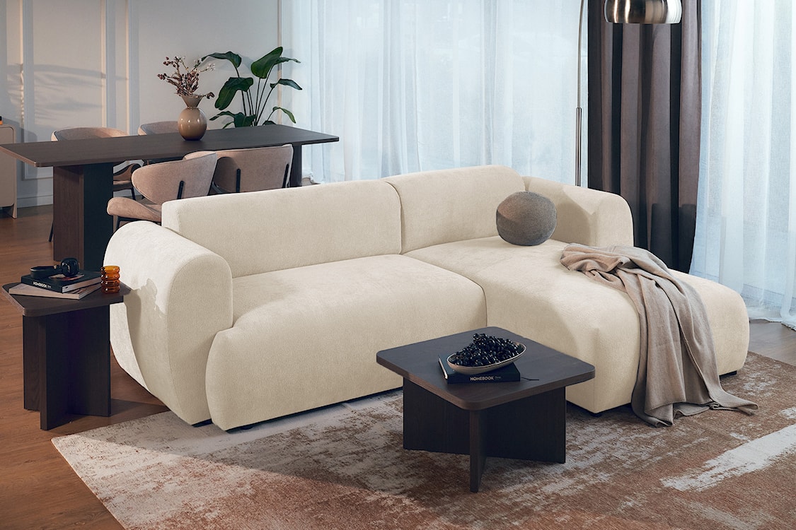 Narożnik z funkcją spania Emia L-kształtny prawostronny jasnobeżowy szenil  - zdjęcie 3