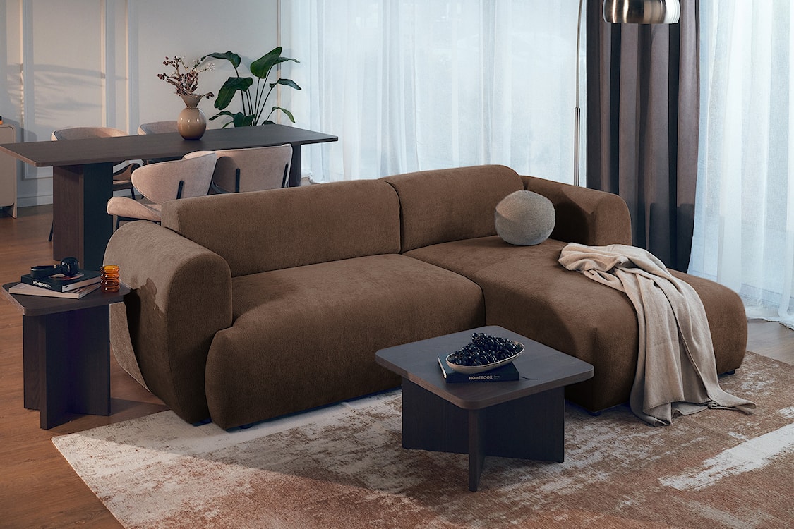 Narożnik z funkcją spania Emia L-kształtny prawostronny brązowy szenil  - zdjęcie 3