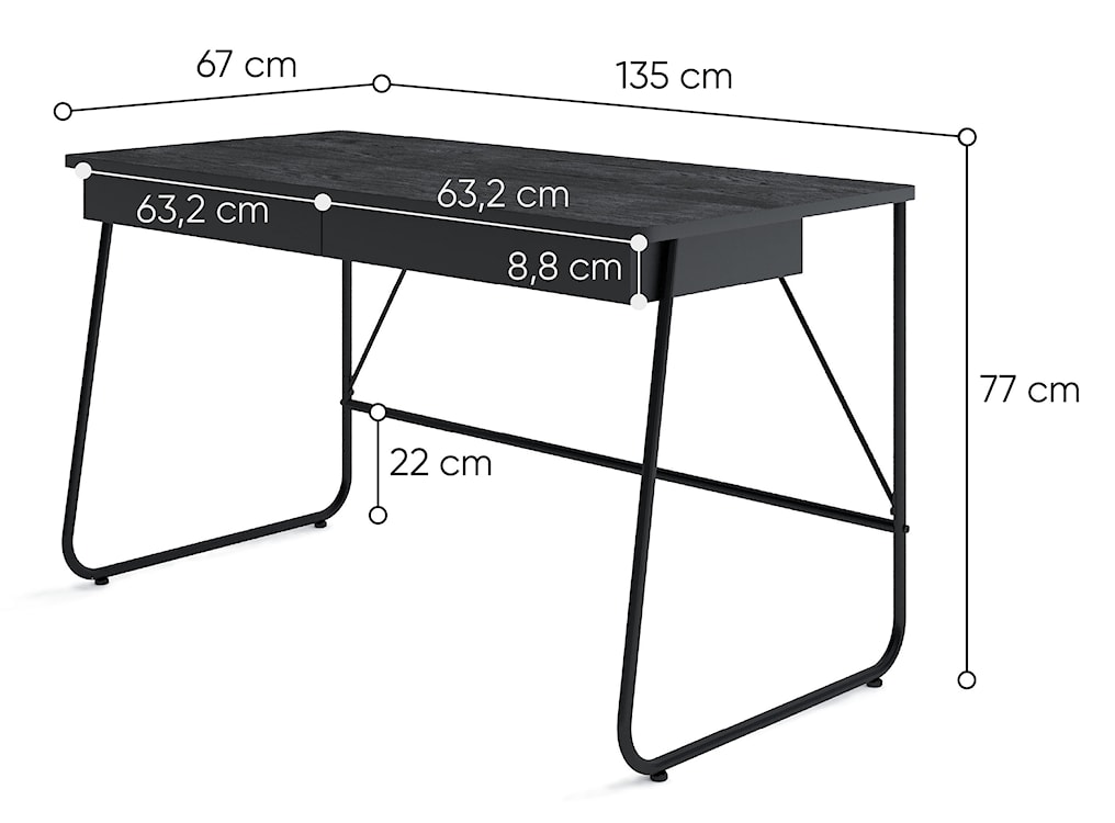 Biurko Match z dwiema szufladami 135 cm czarne  - zdjęcie 4