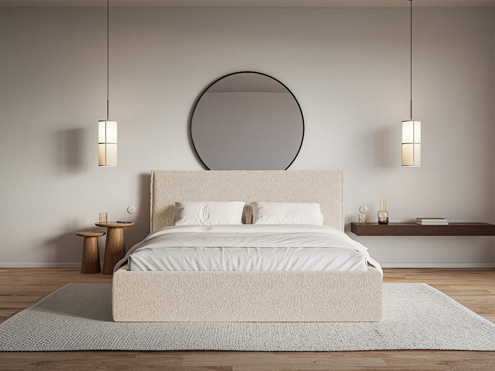 Łóżko tapicerowane 180x200 cm Softie z pojemnikiem jasnobeżowe szenil stelaż metalowy  - zdjęcie 3