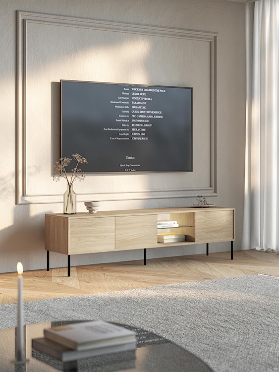 Szafka RTV trzydrzwiowa Modity ze szklaną półką i oświetleniem 175 cm dąb na czarnych nóżkach  - zdjęcie 2