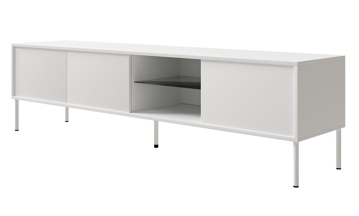 Szafka RTV trzydrzwiowa Modity ze szklaną półką i oświetleniem 175 cm biała