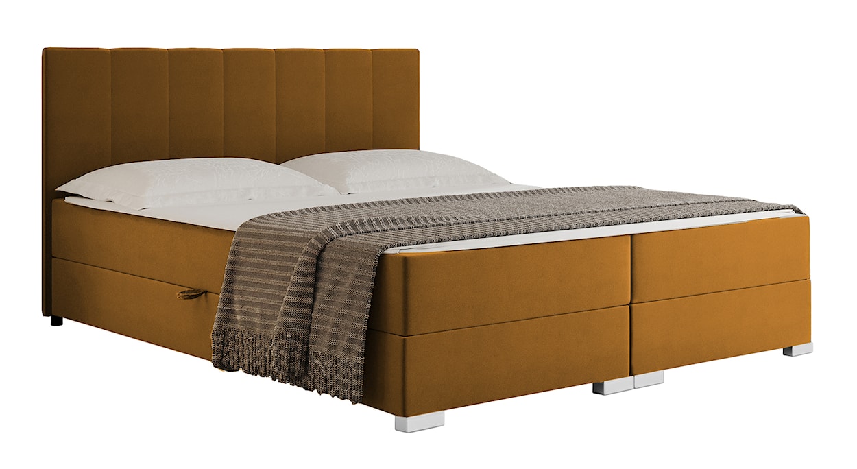 Łóżko kontynentalne 180x200 cm Moluki z pojemnikami i topperem musztardowe 