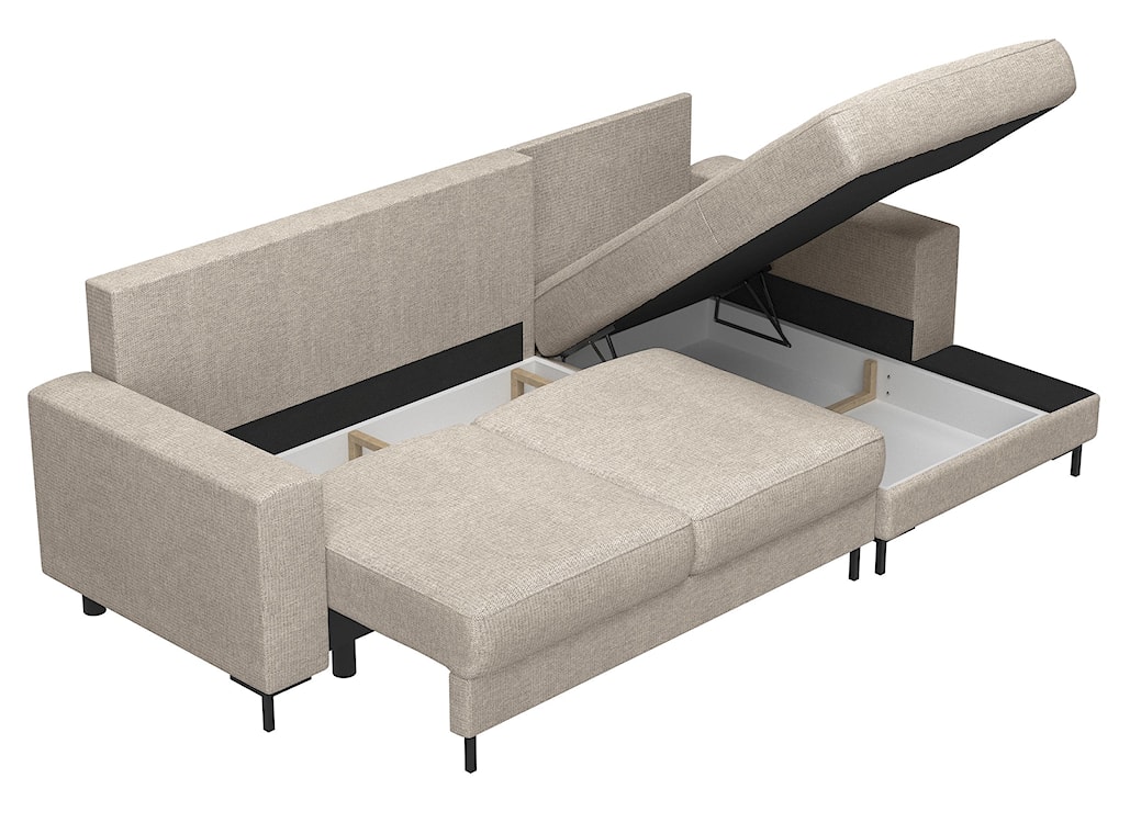Narożnik z funkcją spania Mokpeo L-kształtny z dwoma pojemnikami na czarnych nóżkach beżowy szenil prawostronny  - zdjęcie 6