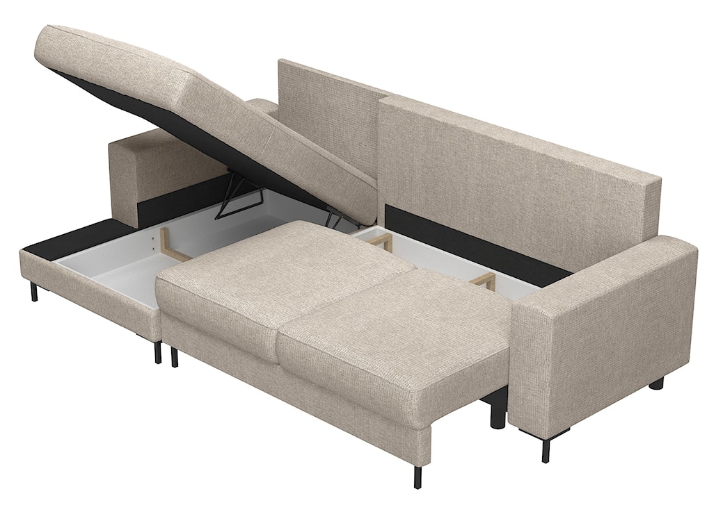 Narożnik z funkcją spania Mokpeo L-kształtny z dwoma pojemnikami na czarnych nóżkach beżowy szenil lewostronny  - zdjęcie 6