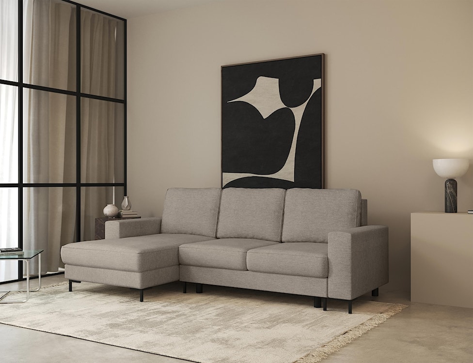 Narożnik z funkcją spania Mokpeo L-kształtny z dwoma pojemnikami na czarnych nóżkach beżowy szenil lewostronny  - zdjęcie 2