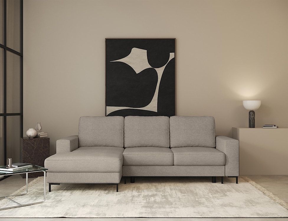 Narożnik z funkcją spania Mokpeo L-kształtny z dwoma pojemnikami na czarnych nóżkach beżowy szenil lewostronny  - zdjęcie 3