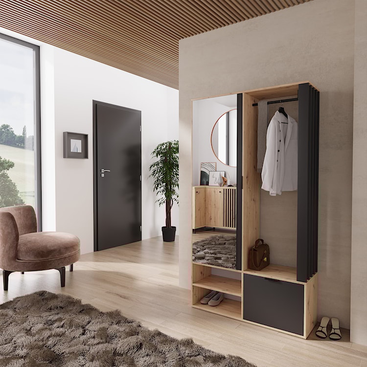 Garderoba jednodrzwiowa Moletto z lustrem i półkami 100 cm dąb artisan/czarna  - zdjęcie 3