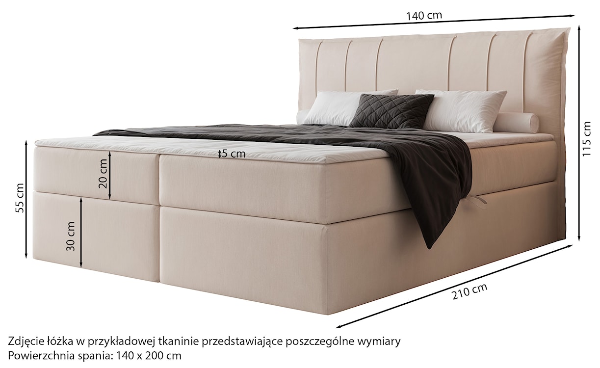 Łóżko kontynentalne 140x200 cm Moly z materacem bonellowym i topperem szare welur hydrofobowy  - zdjęcie 4