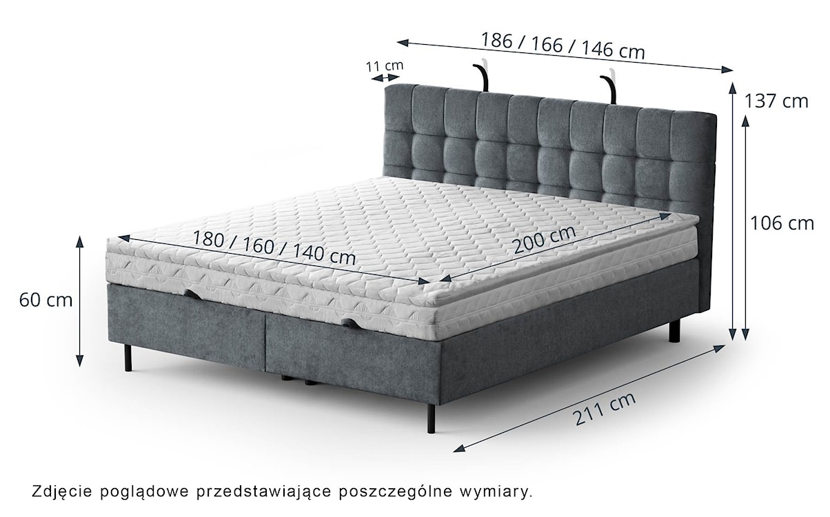 Łóżko kontynentalne 140x200 cm Muna z pojemnikiem i oświetleniem LED granatowe welur  - zdjęcie 8