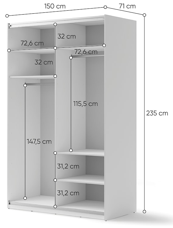 Szafa przesuwna Maxi dwudrzwiowa z lustrem 150 cm biała  - zdjęcie 5