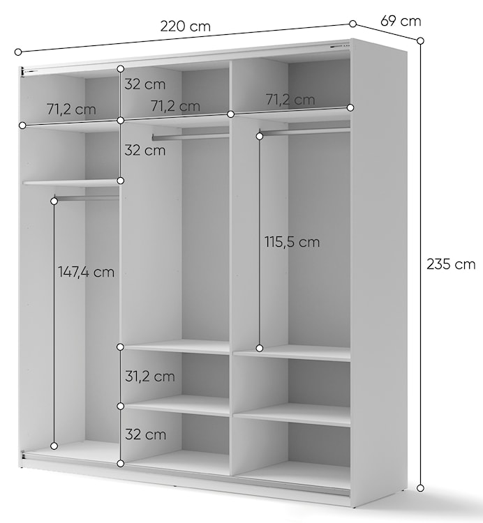 Szafa przesuwna Maxi trzydzwiowa z lustrami 220 cm biała  - zdjęcie 5