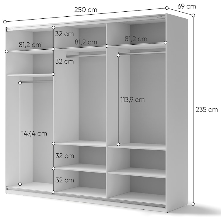 Szafa przesuwna Maxi trzydrzwiowa z lustrami 250 cm biała  - zdjęcie 5