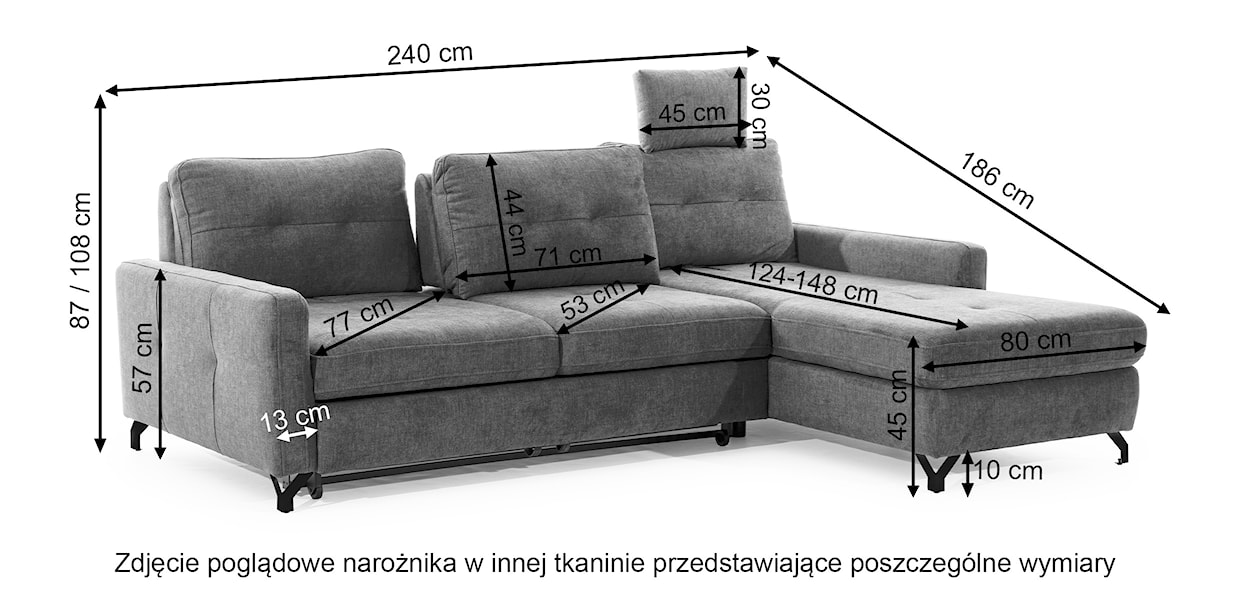 Narożnik z funkcją spania Buriano L-kształtny z pojemnikiem i regulowanym zagłówkiem granatowy w tkaninie łatwoczyszczącej lewostronny  - zdjęcie 6