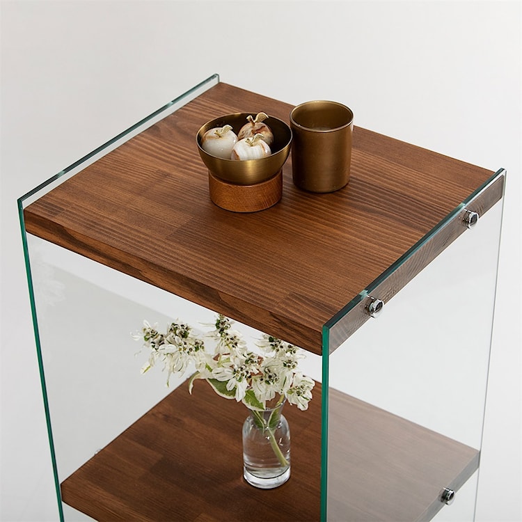 Regal drewniany Nariess brązowy szklane boki z czterema półkami  - zdjęcie 6