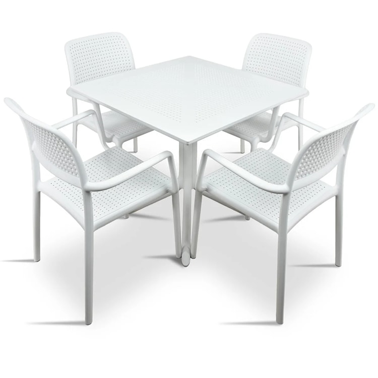 Zestaw ogrodowy stół kwadratowy Clip 80 cm i 4 krzesła z podłokietnikami Bora Nardi z certyfikowanego tworzywa biały
