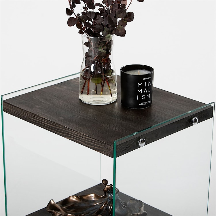Regał drewniany Nariess ciemnobrązowy szklane boki z trzema półkami  - zdjęcie 4