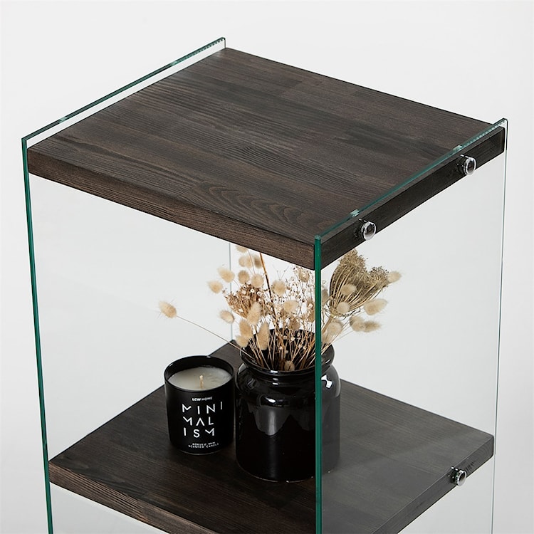 Regał drewniany Nariess ciemnobrązowy szklane boki z czterema półkami  - zdjęcie 3
